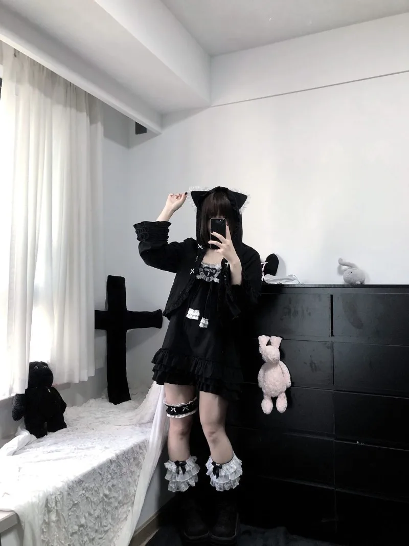 Dolce Kawaii Orecchie di Gatto Cardigan Cappotto Donna Autunno Nuove Donne Giubbotti Corti Nero Subculturale Casual Giapponese Top Camicia da Sole