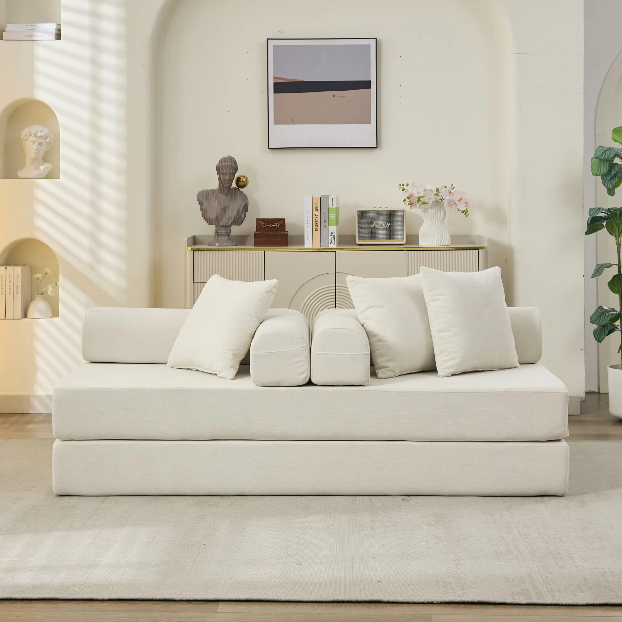 

# Folding Mattress Sofa Bed With Chenille Armrest-Beige For Living Room Bedroom Studio