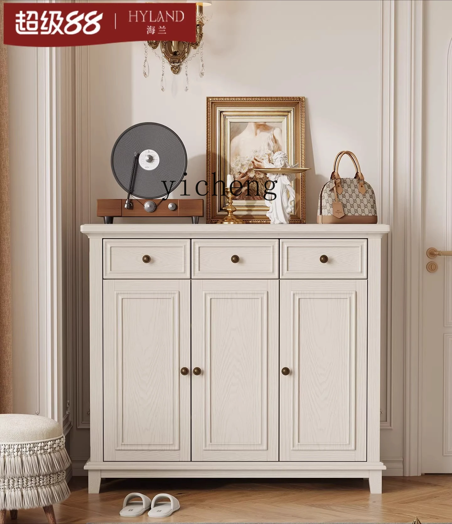 DSA white solid wood household ash wood three-door locker, cream wind entry aisle locker home decor