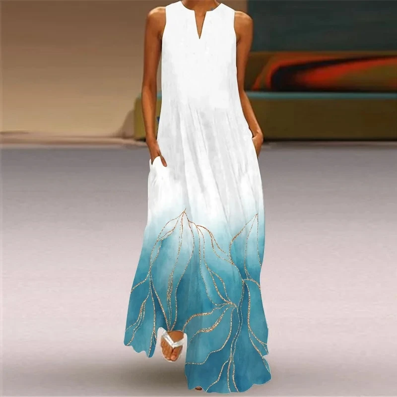 Maxi abito con stampa Vintage per donna abiti lunghi senza maniche larghi estivi elegante donna con scollo a V tasca Boho Beach prendisole Vestidos