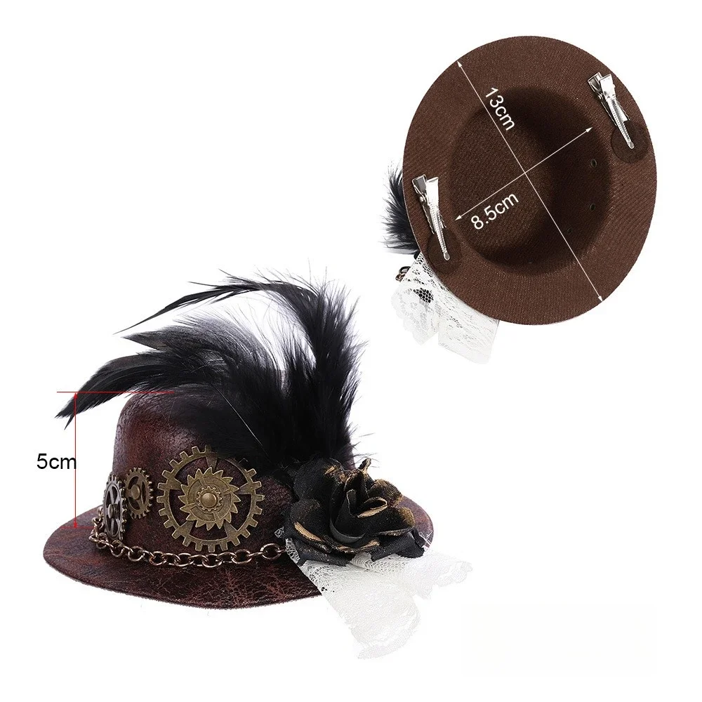 Halloween gothic punk style steam gear feather mini dress up small hat retro chain mesh top hat