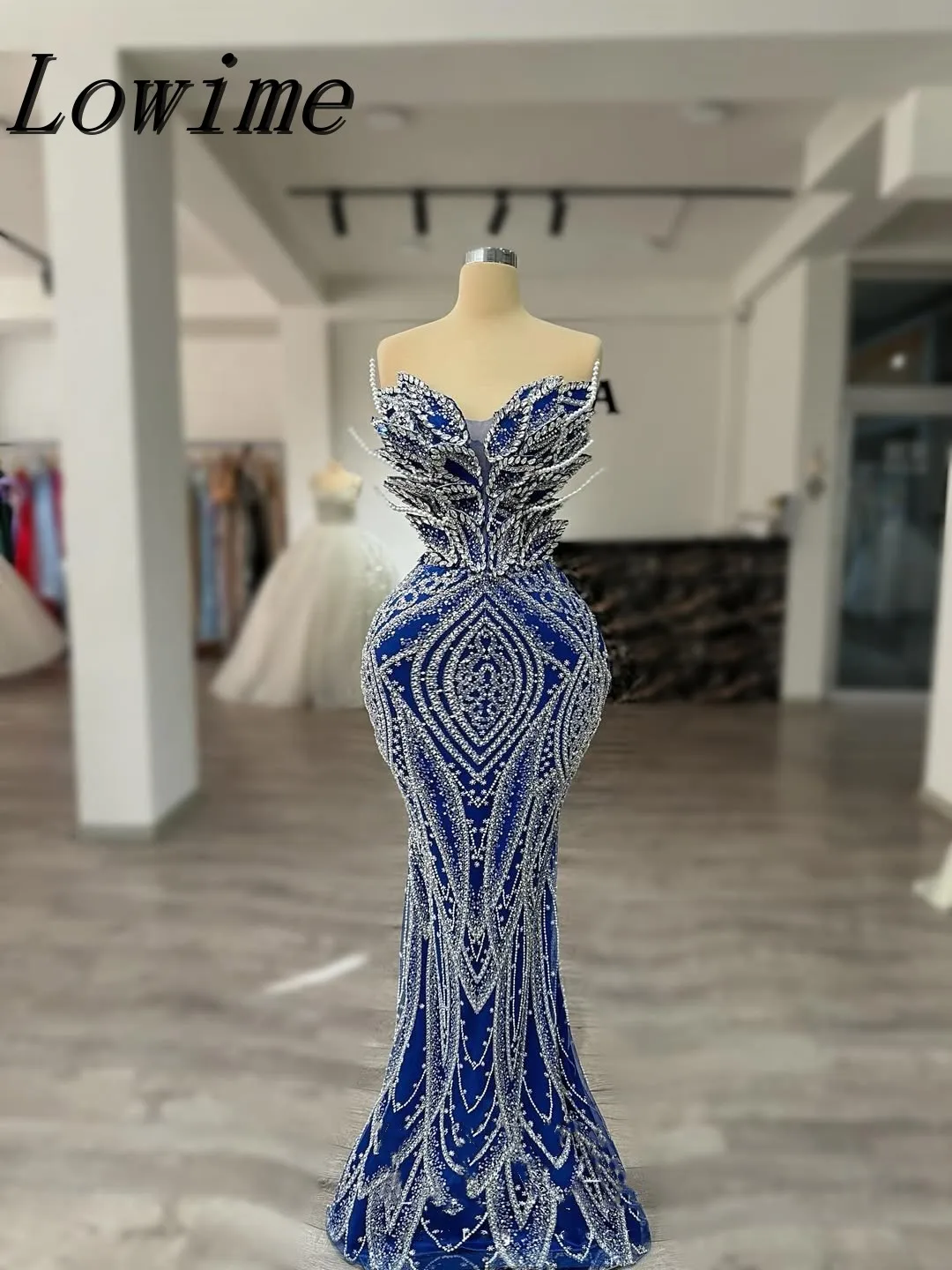 

Blue Long 3D Leaf Mermaid Prom Dress Elegant Customized Aso Ebi Pageant Evening Night Wedding Party Formal Dress