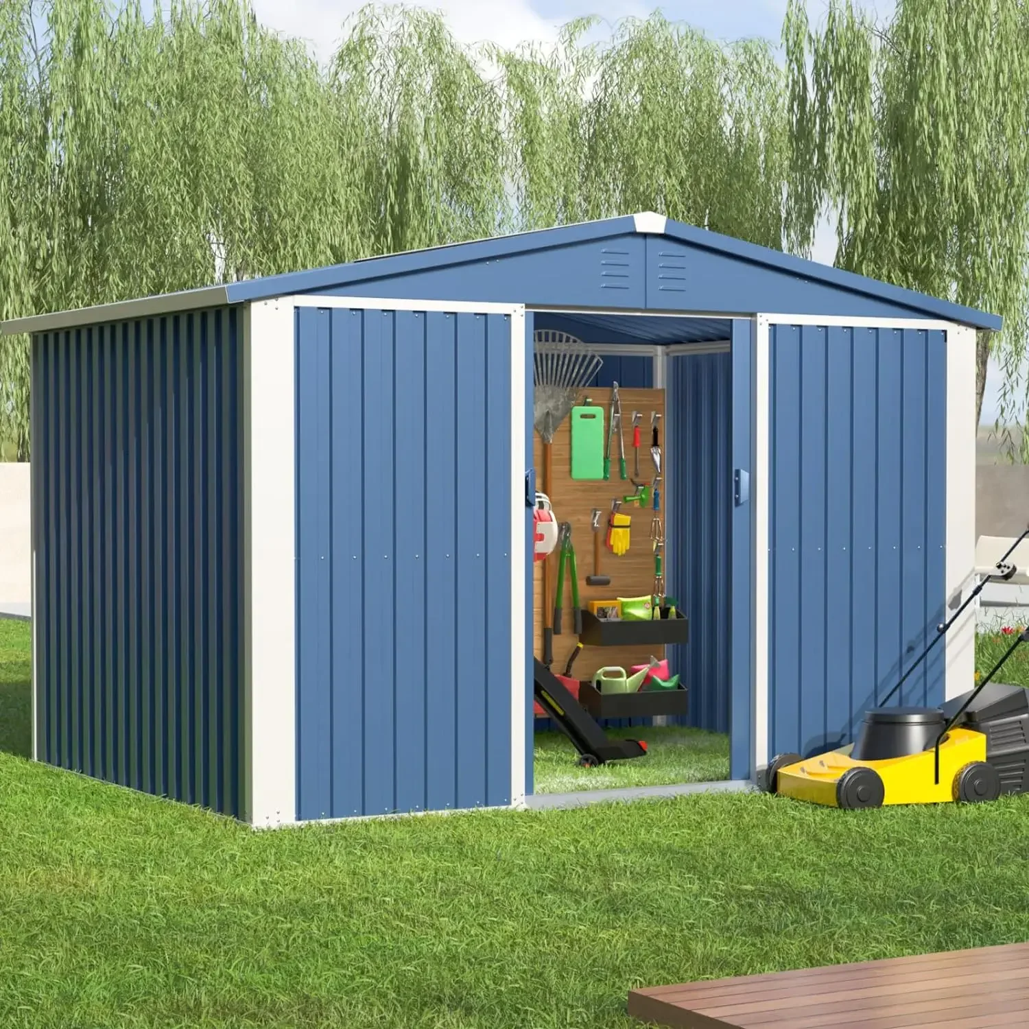 

8.6x6.3 FT Metal Outdoor Storage Shed, Steel Garden Tool Storage Shed Waterproof with Sloping Roof for Backyard Patio Lawn, Blue