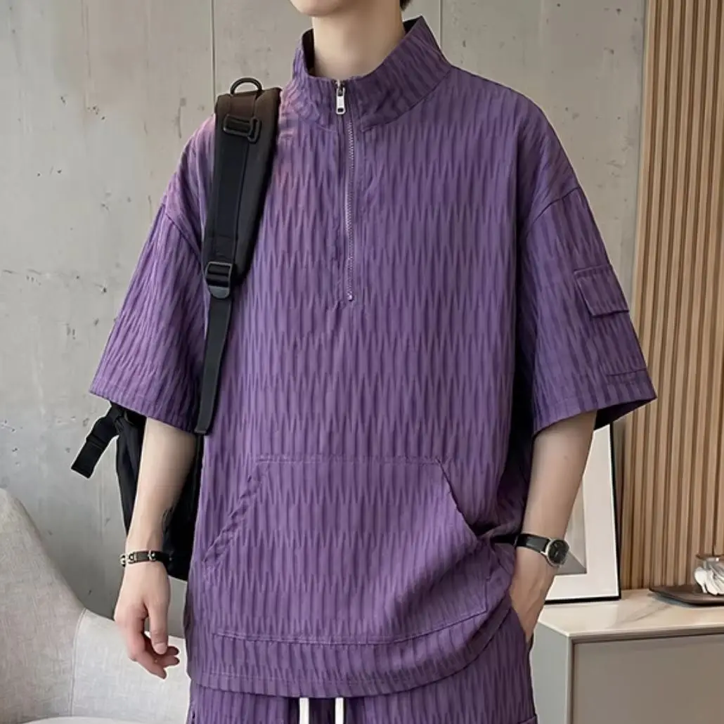 Plus Size Men's Summer Half-Zip Stand Collar Short Sleeve Shirt Casual Loose Breathable Streetwear Daily Sports Quick Dry Street