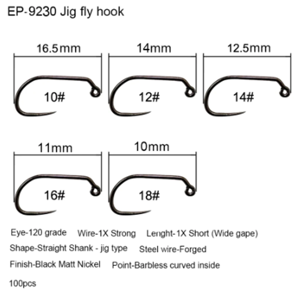 Eupheng 100pcs Fly Fishing Hook Competition Barbless Hook Dry Nymph Shirmp Wet Caddis Fly Tying Hooks Black