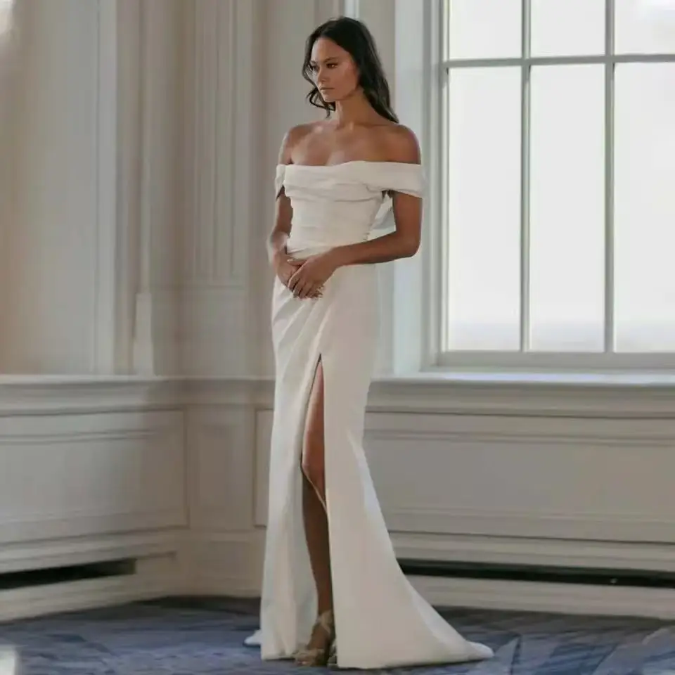 

Simple Off The Shoulder Pleat Soft Satin Mermaid Wedding Dresses Side Slit Custom Made Formal Bridal Grown 2026 Rode De Morrie