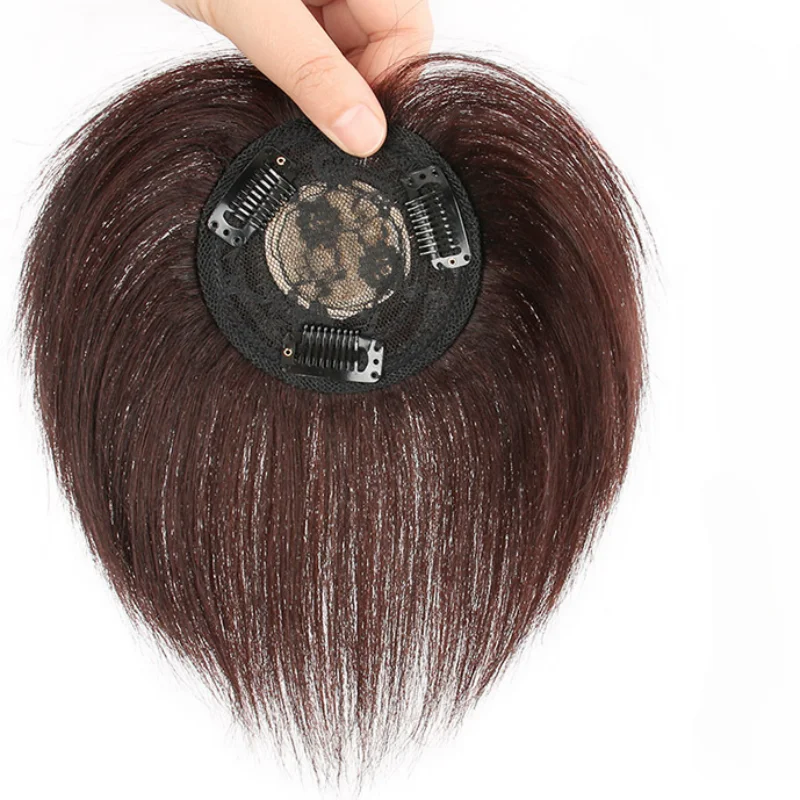 حرير علوي دائري شعر بشري للنساء ، 3 مقاطع ، مستقيم ، قطع شعر ، زيادة الحجم ، تنفس ، 9x9cm