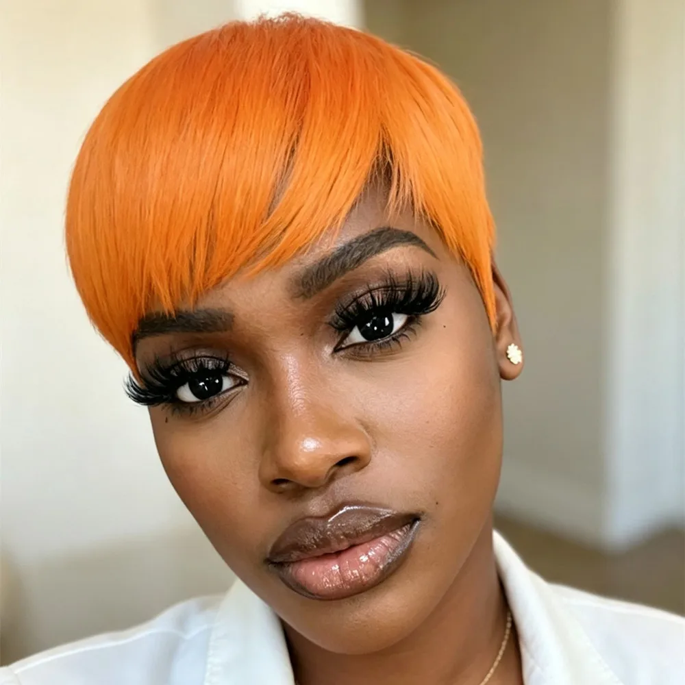 pixie wig human hair wig orange human hair pixie cut short straight human hair wig 6inch machine made wig 150% density hair wig