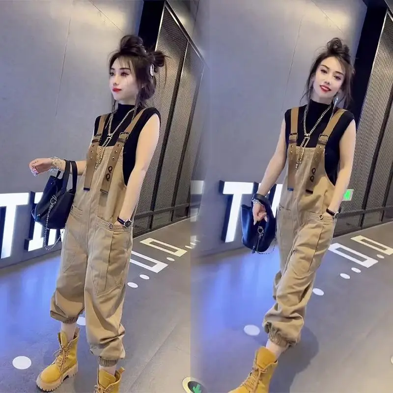 

Fashionable Women's Workwear Pants with Straps High Waist Loose Fit Nine Points Summer Style Age Reduction Trendy Two-Piece Set