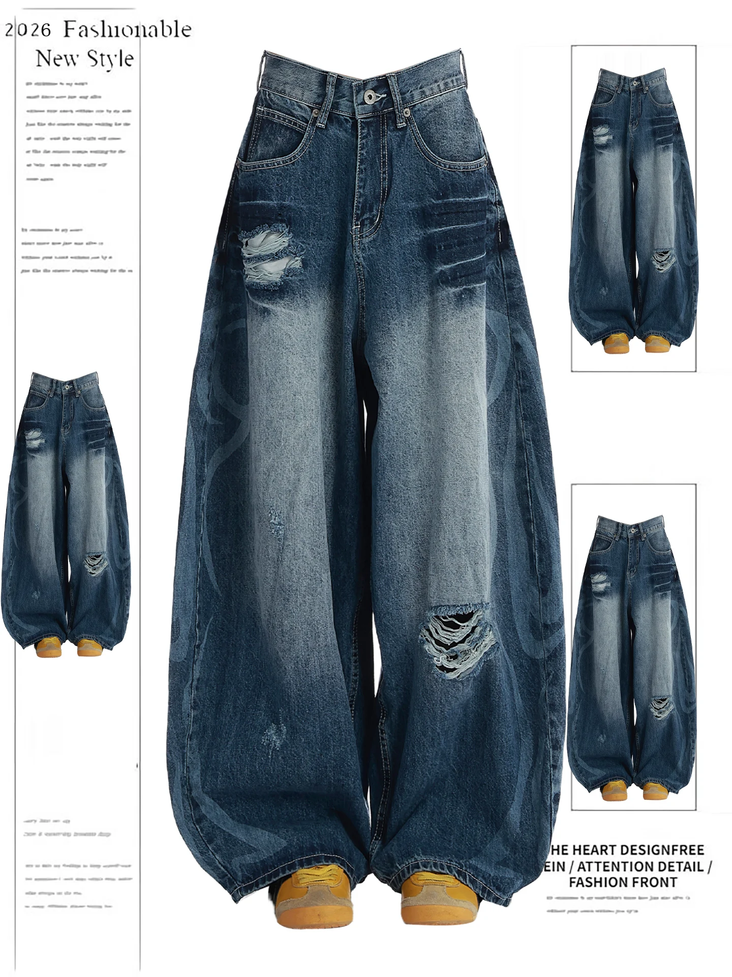 

Retro American Waed Denim Jeans Women's Spring Straight Leg Floor-Length Casual Loose Fit High Waist Knife Jeans