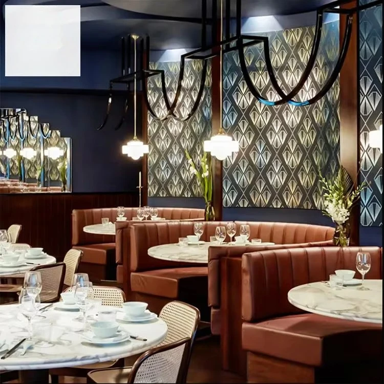 Light Luxury Cafe Commercial Brown U-Shaped Leather Wood Frame Sofa Seat Custom Restaurant Booth Set