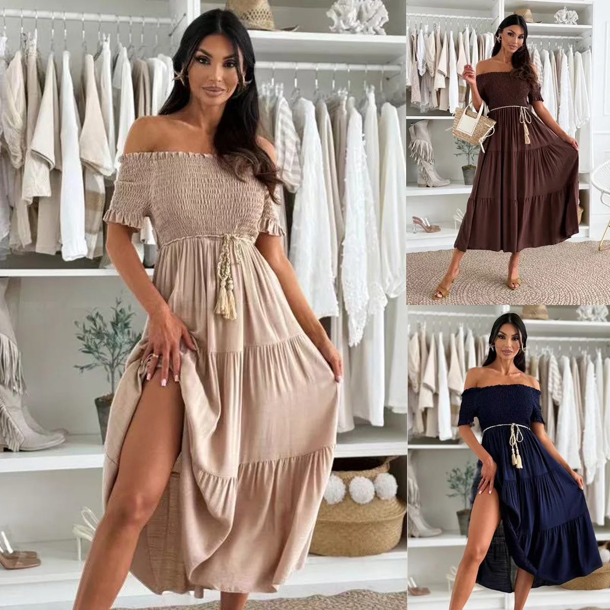 Robe Maxi smockée courte style Boho, asymétrique épaule dénudée, ajustée, moulante, pour femmes, décontractée, col carré, à volants à plusieurs niveaux, 2025