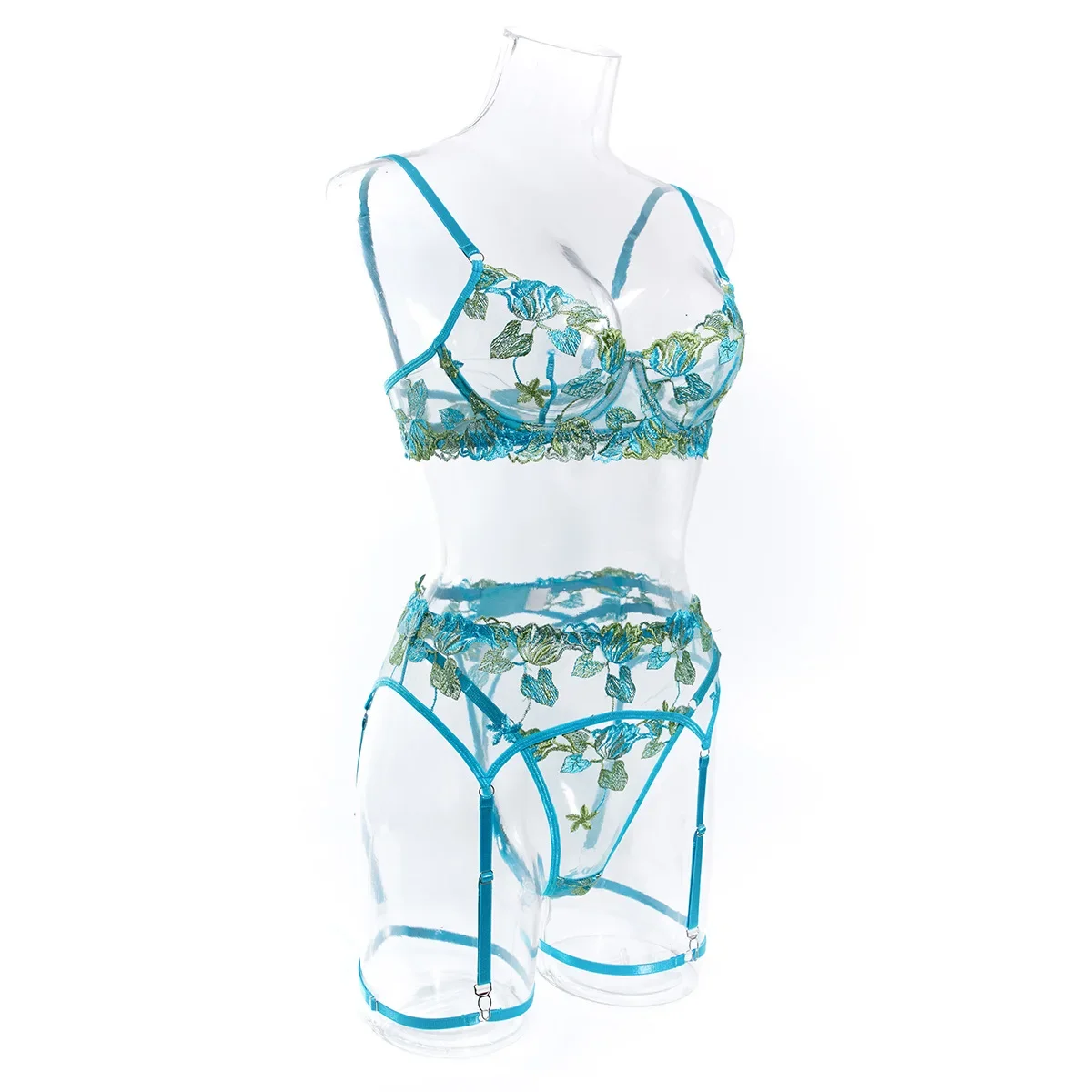 

French Style Ultra Thin Transparent Lingerie Set Women Sweet with Floral Embroidery Sexy Leg Circumference Three Set