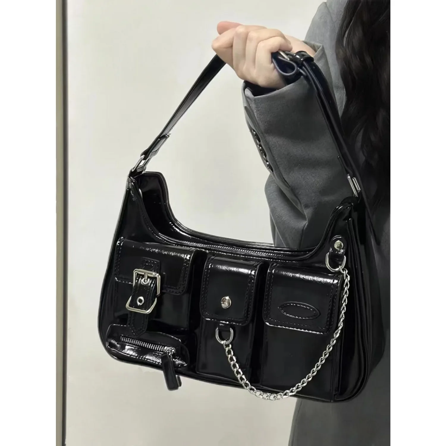 Y2k Moto Biker Handbags for Women NEW Gothic Fashion High Street Shoulder Bag Black Patent Leather Casual Coin Purse