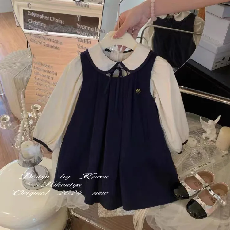 Spring Autumn Kids Girls 2PCS Clothes Set Ruched Cotton Shirts Solid Sleeveless Dress Suit College Style Toddler Girl Outfits