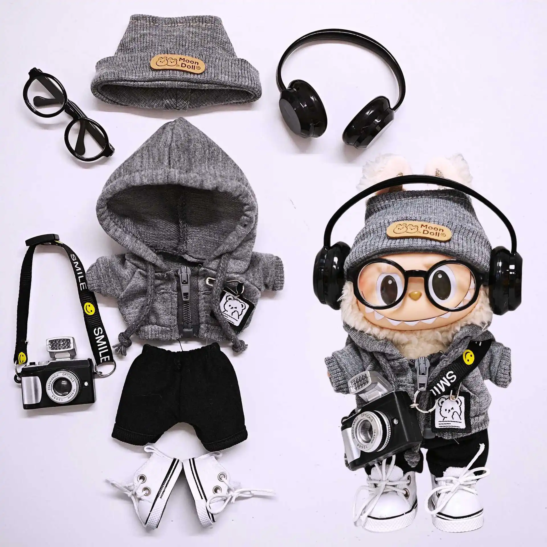 

5/6/7 Piece Set Of Cute Labubu Clothes Luxury Hoodie+Hat+Pants+Shoes+Headphones+Camera+Glasses Accessories Labubu Doll Outfit