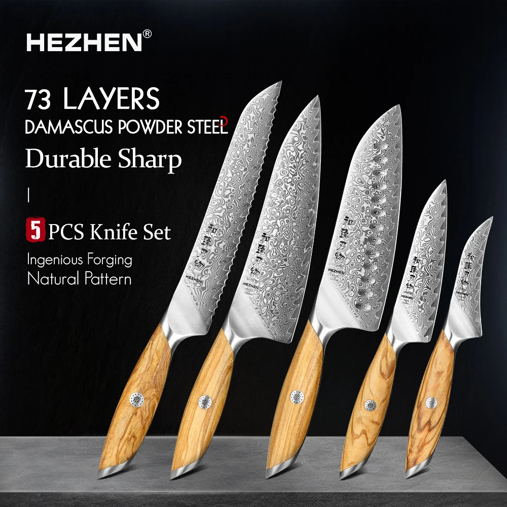 

HEZHEN 1PC Or 5PC Knife Set 73 Layer Damascus Steel Powder Steel Core Olive Wood Handle Gift Box Sharp Kitchen Knives