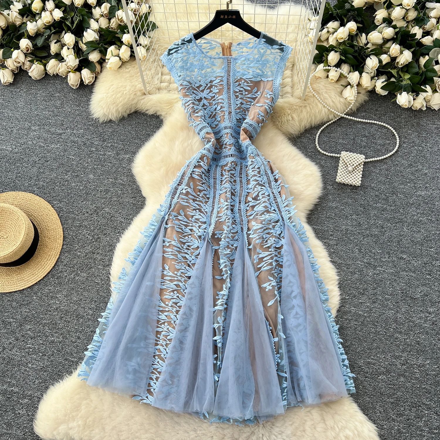 シックなセクシーな刺繍スリップメッシュ妖精カジュアル A ラインドレス Vestido 夏のビーチ休暇女性自由奔放に生きるサンドレス
