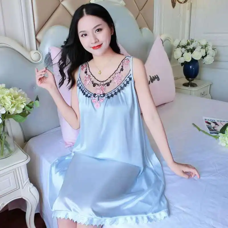 Women\'s Nightgowns Silk Satin Sleepwear Sleeveless Strap Nightdress Lace Nightwear Ladies Loungewear pajamas pyjamas Homewear