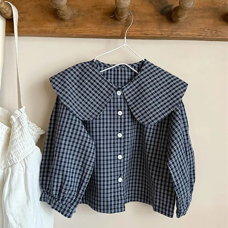 

New 2025 Autumn Baby Girls Plaid Shirts Lantern Sleeve Tops Korean Style Children Casual Loose Blouses