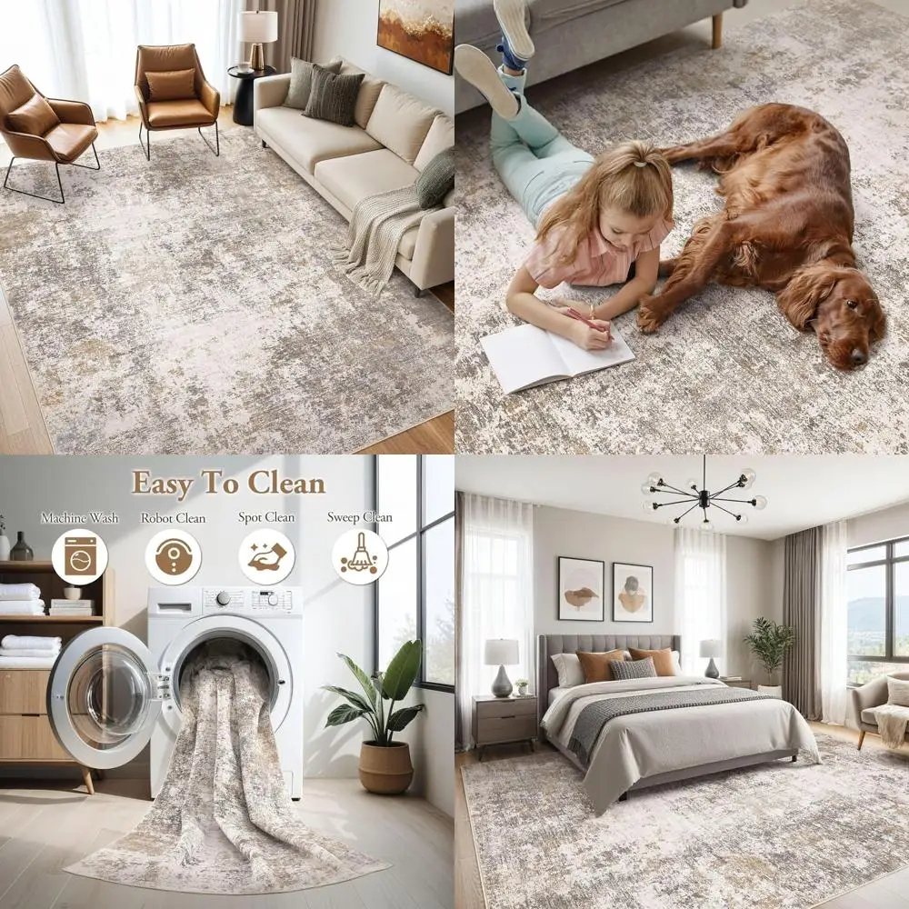 Large 9x12 Soft Washable Rug, Modern Abstract Design, Non-Slip & Stain Resistant Carpet for Living Spaces