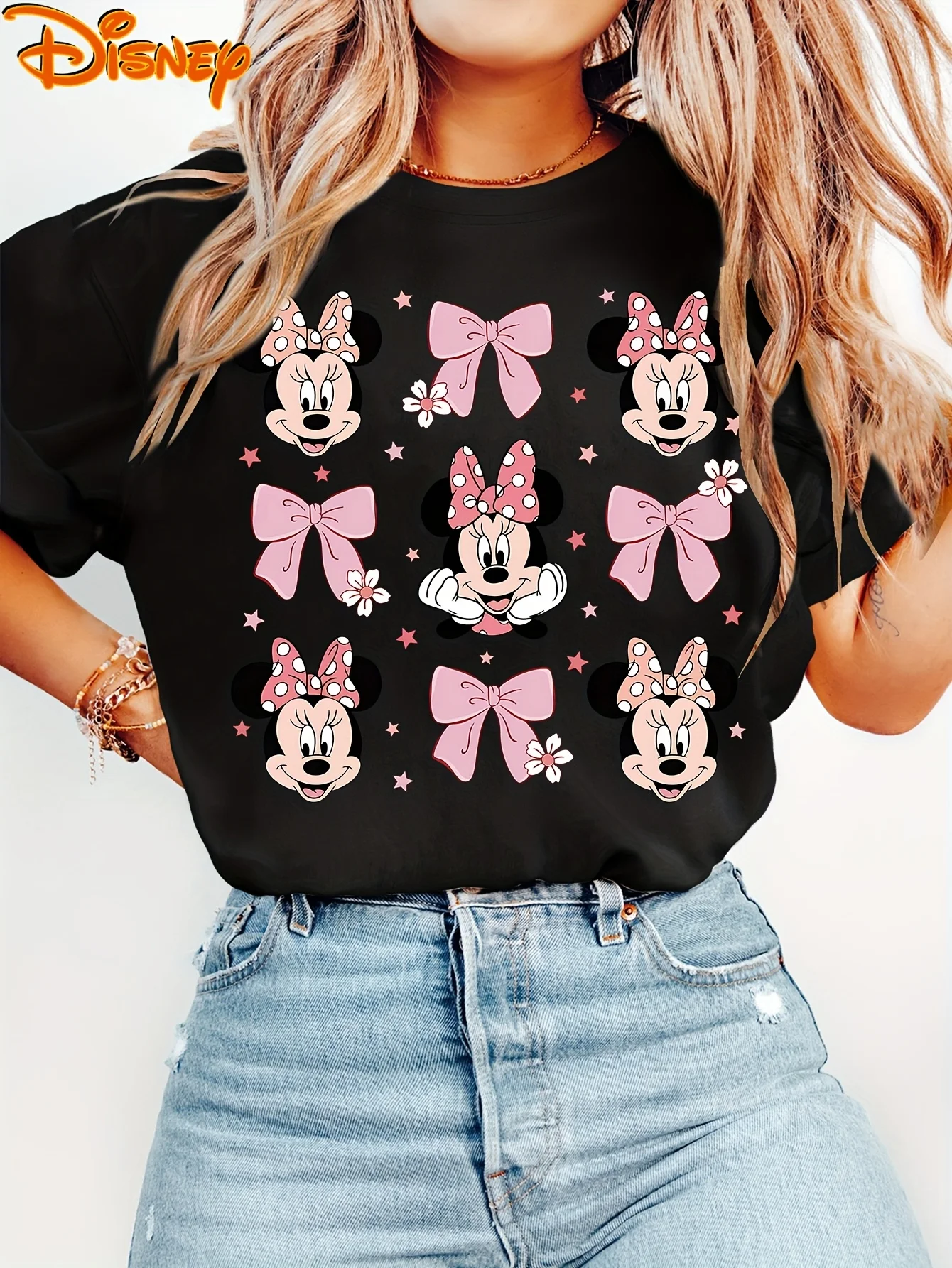 2025 Disney Pattern Printed Women's Casual Comfortable Unique Smiling Face Black Round Neck Short Sleeve T-shirt