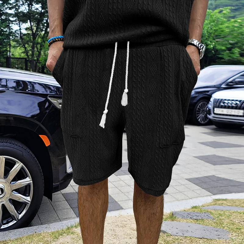 Summer Running Shorts for Men Casual Jogging Sport Short Pants Wave Pattern Solid Color Drawstring Loose Dry Gym Sports Shorts