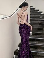 Vintage New Summer Purple Sequin V Neck Backless Elegant Slip Long Dress Women Temperament Birthday Party Sleeveless Dress Trend