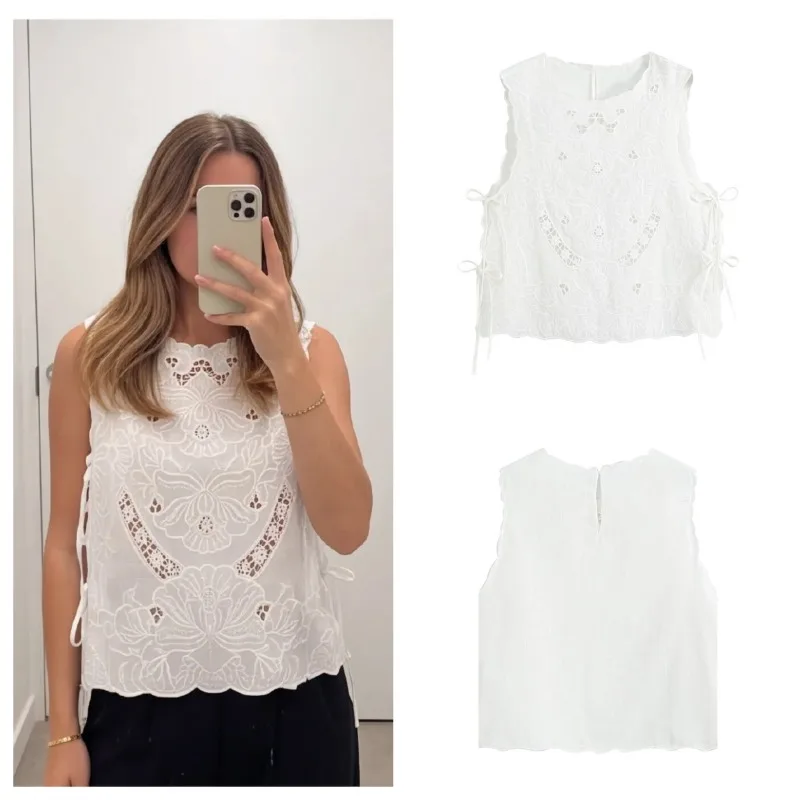 2026 New Boho Vintage Women Hollow Embroidered Sleeveless Blouse Scallop Trim Side Bow Tie Cropped Summer Casual Tank Top