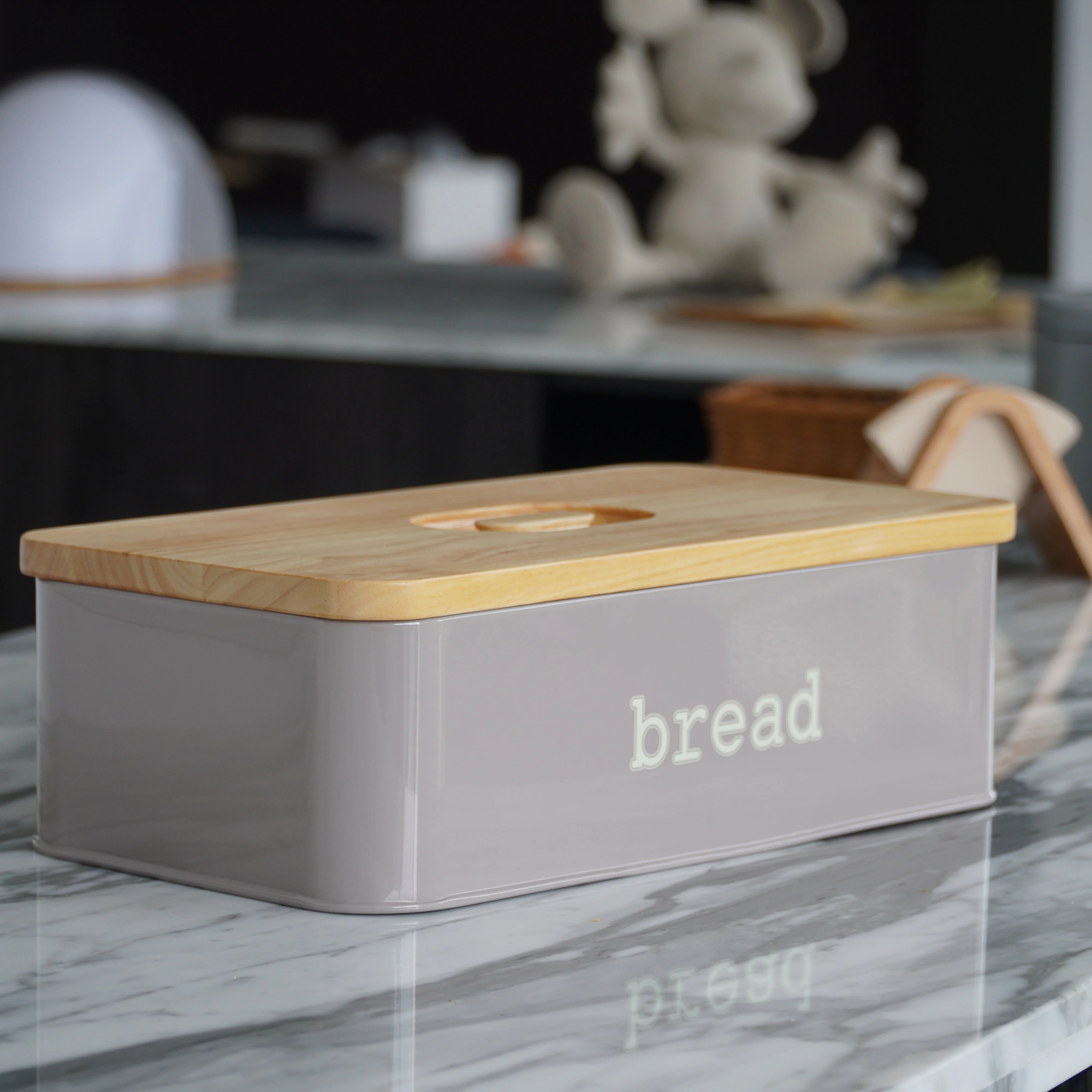 Rectangular Eco Storage Box with Wooden Cutting Board Lid Kitchen Metal Bread Bin