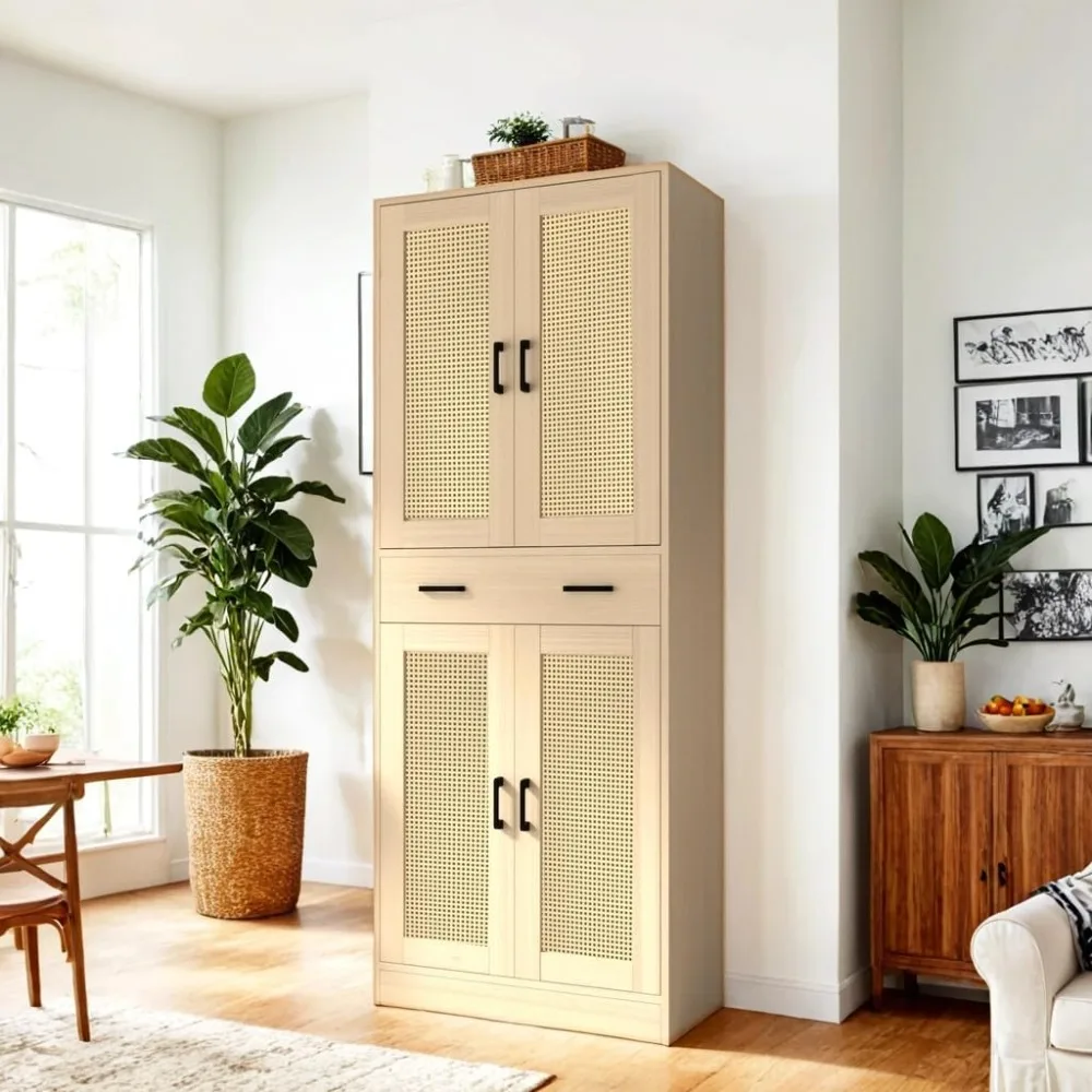 

71" Tall Oak & Rattan Pantry Cabinet - Boho Chic Kitchen Storage with Doors & Drawer for Dining Room, Hallway or Kitchen Organiz