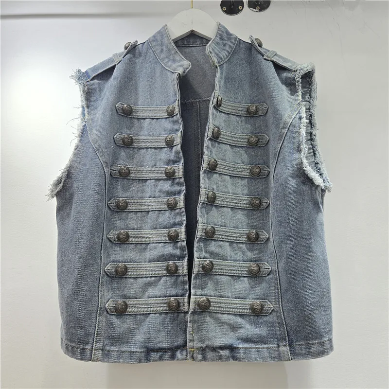 Biker Snap Buttons Sleeveless Denim Vest for Women Spring Autumn American Style High Street Coats Casual Stand-up Collar Tops