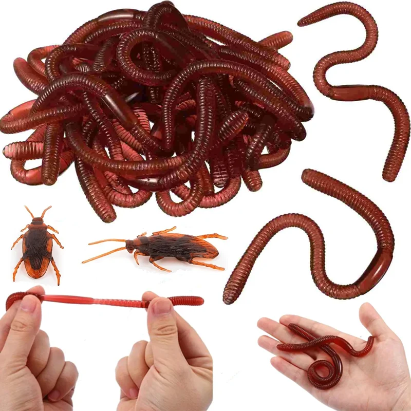 10Pcs Soft Rubber Earthworms Cockroach - Simulated Insects Floor Dragons Halloween Prank Party Props Favors Gift for Kids