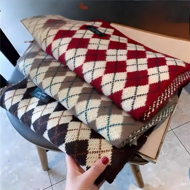 Red Scarf For Women Winter High-End Versatile Plaid Christmas Birthday Gift New Year Knitted Wool Neck Warmer
