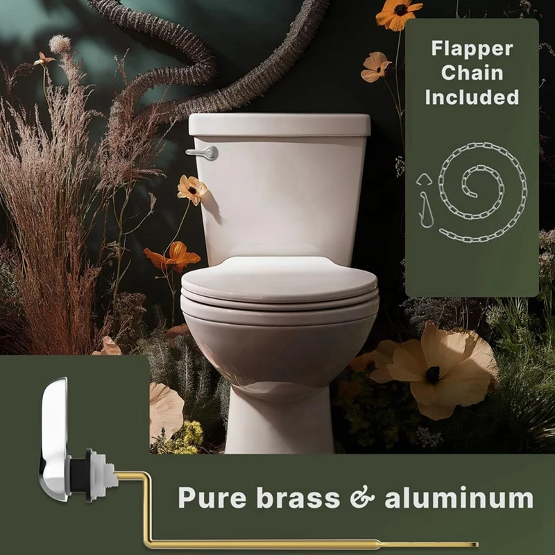 Toilet Handle Brass Lever Flush Replacement Kit With Flapper Chain, Toilet Tank Lever Universal Fitting (Side Mount)