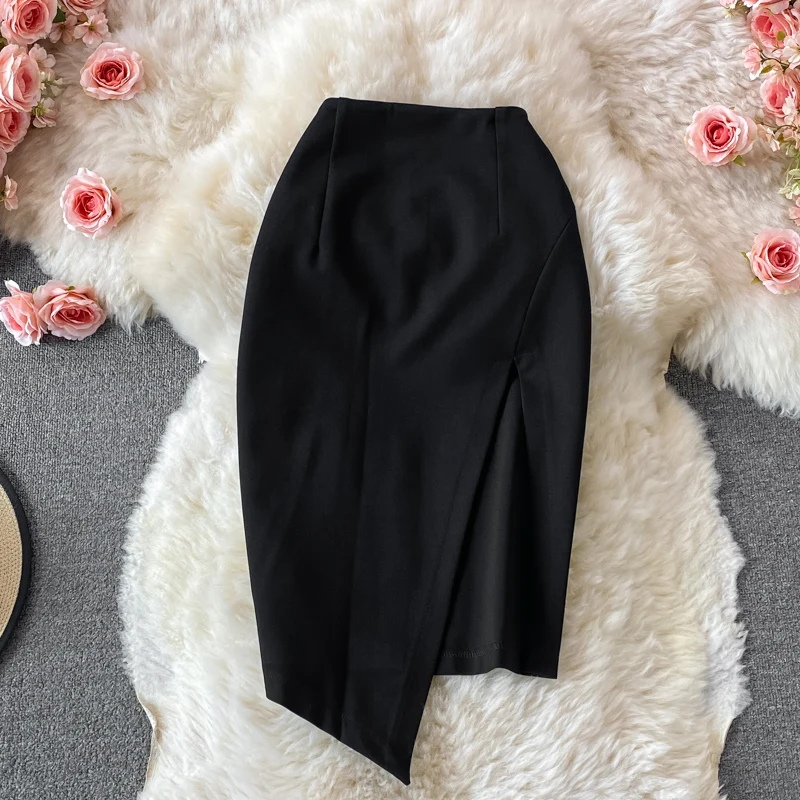 

Bla Asymmetrical High Waist Slim Fit Elastic ort Skirt for Women Commute Korean Sle Busin Casual Autumn Skirt
