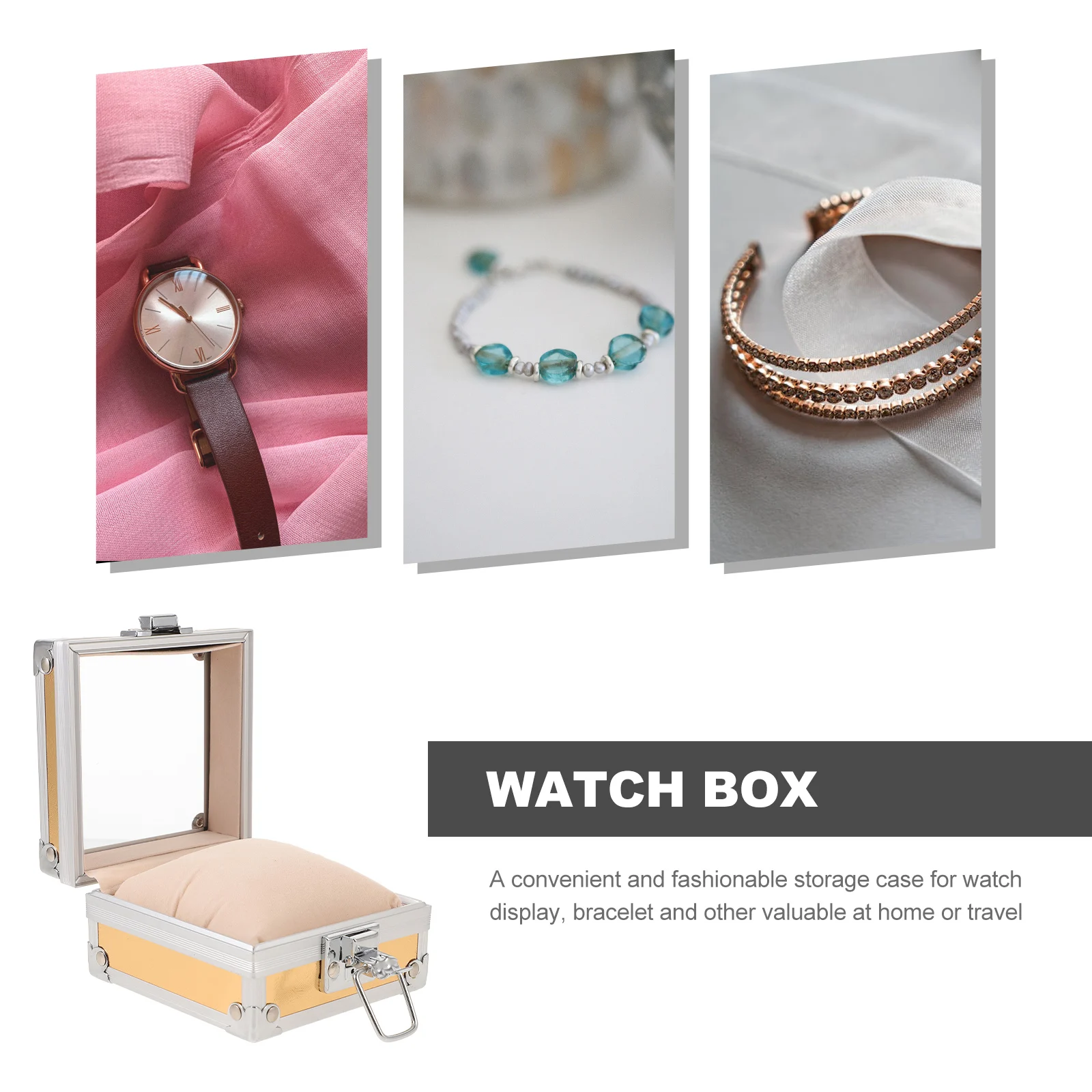 

Stainless Steel Box Portable Storage Travel Case Gift Organizer Holder For Single Watch Transparent Lid Dustproof Water