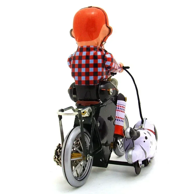 [Fun] Adult Collection Retro Wind up toy Metal Tin The boy walk the dog by bike motorcycle Clockwork toy figures model kids gift