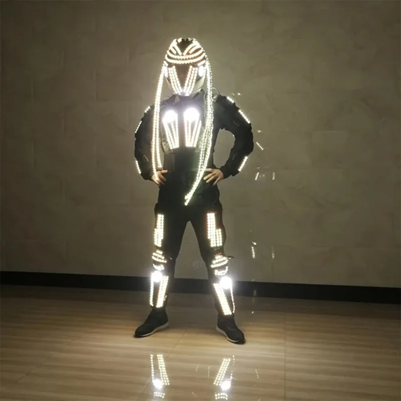 2025 كرنفال RGB التحكم عن بعد LED روبوت مضيئة درع وامض زي مع خوذة ملونة مرحلة الأداء الملابس