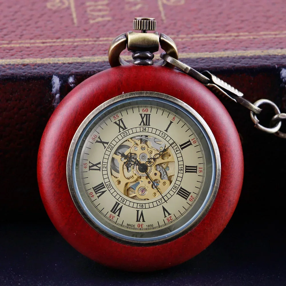 Vintage Wooden Mechanical Pocket Watch Automatic Self-Wind Pocket Pendant Clock Luxury Watch for Men Women with 30cm Chain