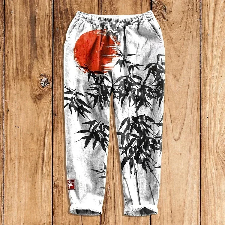 Men's casual pants handsome Ukiyoe pattern printing daily comfortable straight pants fashionable loose bamboo linen pants