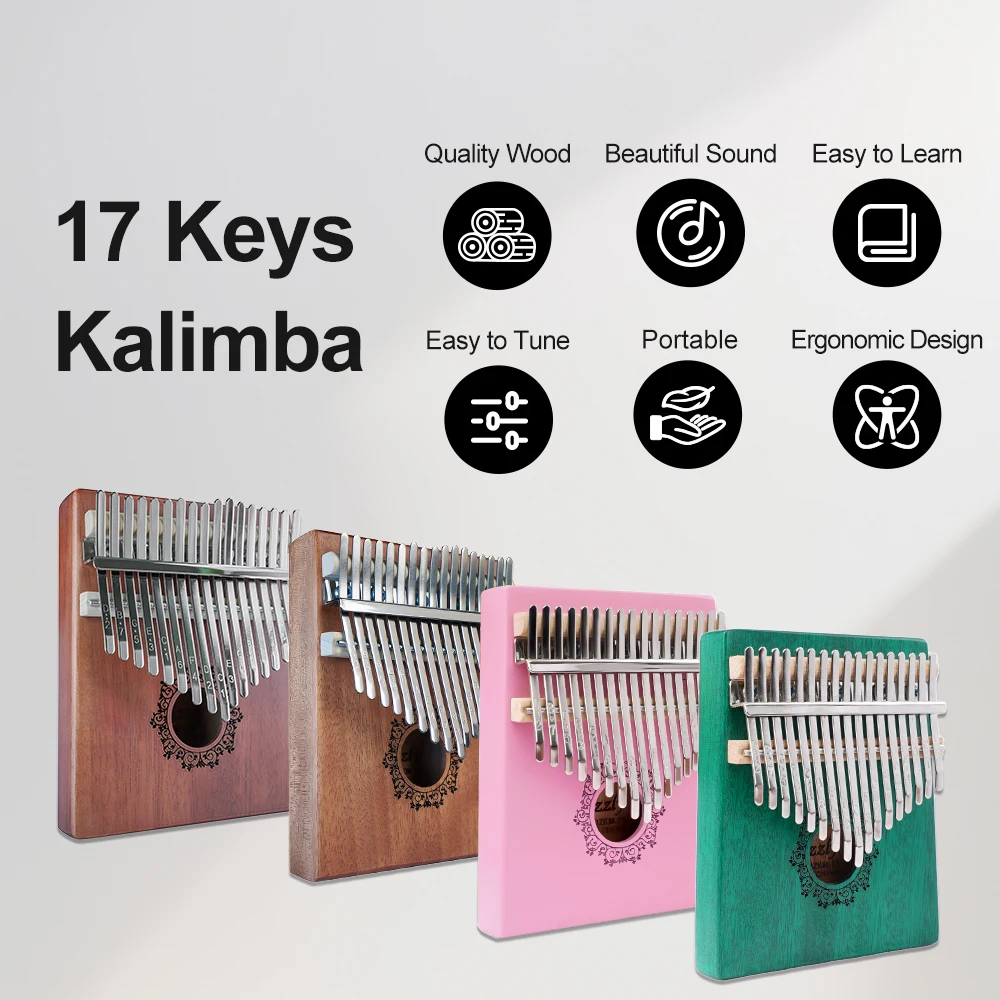 17 teclas Sapele Kalimba Piano de pulgar Piano de dedo portátil para principiantes Mbira Regalos para adultos/niños