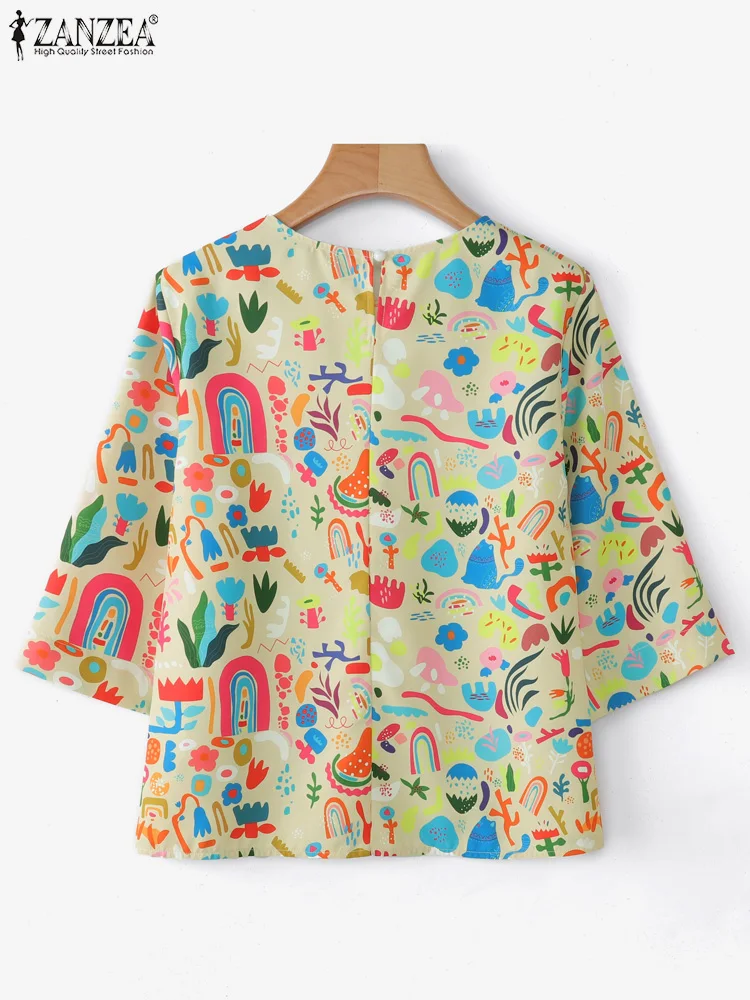ZANZEA Vintage Print Bluse Frauen Mode Tops 2025, Casual 3/4 Hülse Rundhals Lose Shirts Sommer Taschen Damen Blusas Mujer