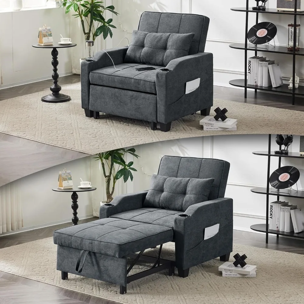 

Dark Grey Sleeper Chair Bed 3-in-1 Convertible Futon Sofa Bed Pull Out Couch Bed Adjustable Recliner Chair with USB Ports Cup H