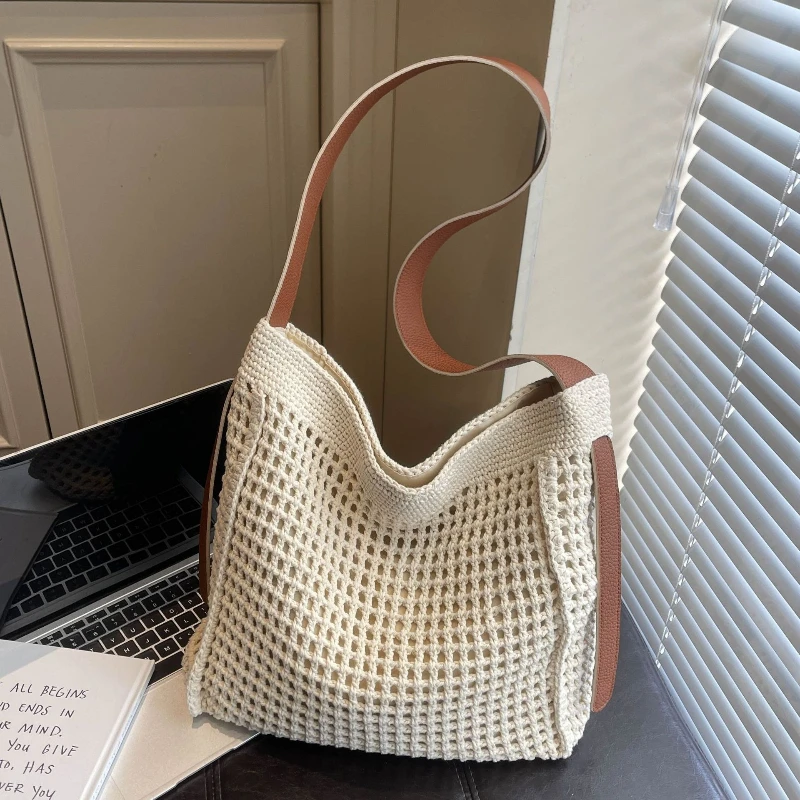 

Хлопковые тканые сумки через плечо для женщин: летняя вместительная повседневная сумка, модная и универсальная сумка для поездок на работу