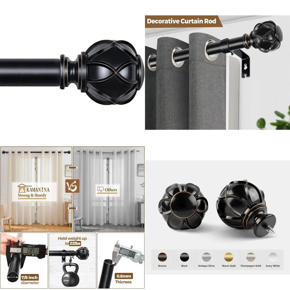KAMANINA Heavy-Duty 7/8 Inch Adjustable Curtain Rod, Extendable from 72 to 144 Inches for Windows