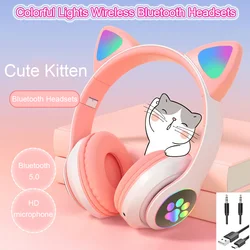 Flash Lamp Bluetooth Headphones Cute Cat-Ears Wireless Headsets With Mic Stereo Earphone For Kids Girl Birthday Gift Support TF