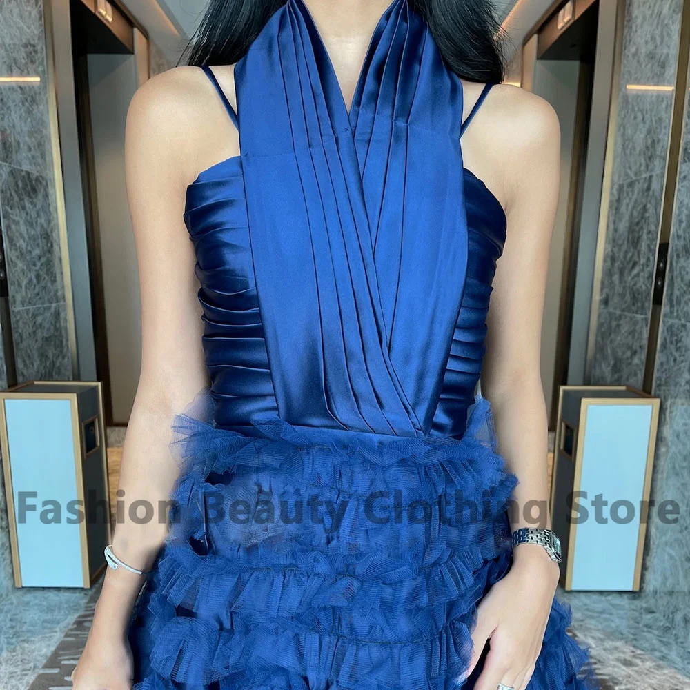 Fashion A-line Prom Dress Halter Neck Draped RuffleTiered Ladies Knee-Length Sleeveless Tulle Vestidos Para Eventos Especiales