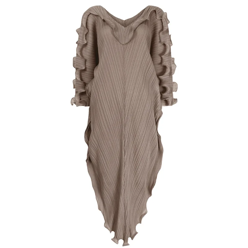 Dress for Women Loose Ruffled Long Sleeved Pleated Dress In Solid Color with Loose Bottoms