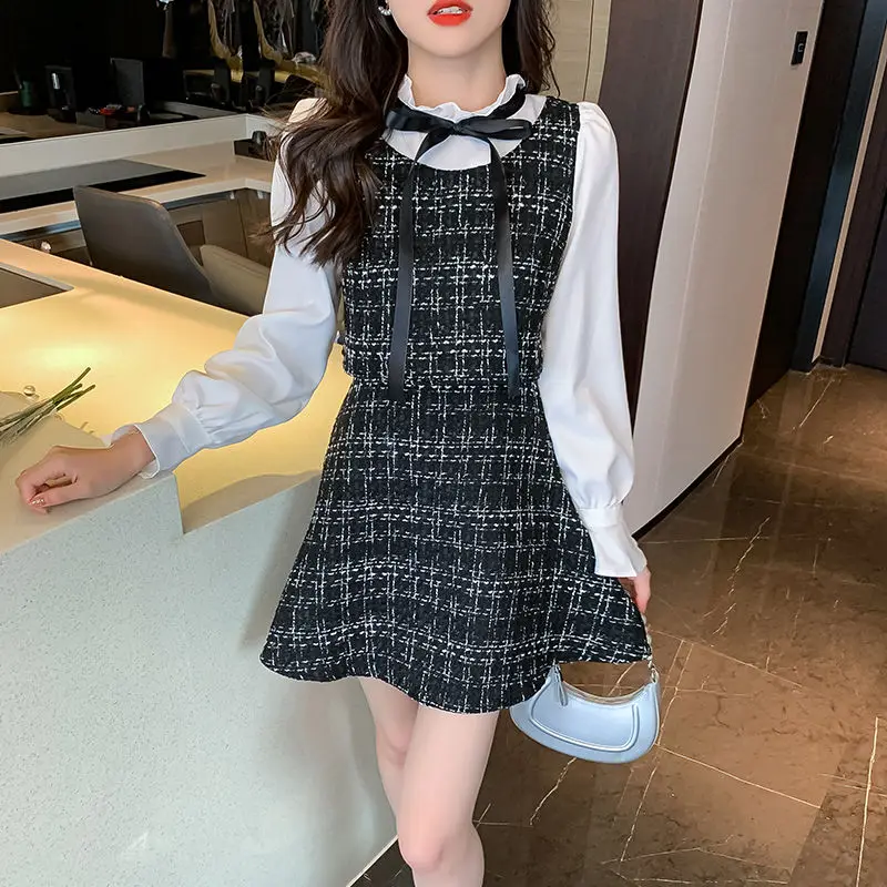 Women Spring Autumn Tweed Fake 2 Piece Mini Dress Korean Preppy Style Lady Graceful Bowknot Patchwork Dresses New Clothes Female